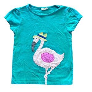 Mini Boden Green Short Sleeve Shirt with Flamingo in Hat Appliqué Size 5